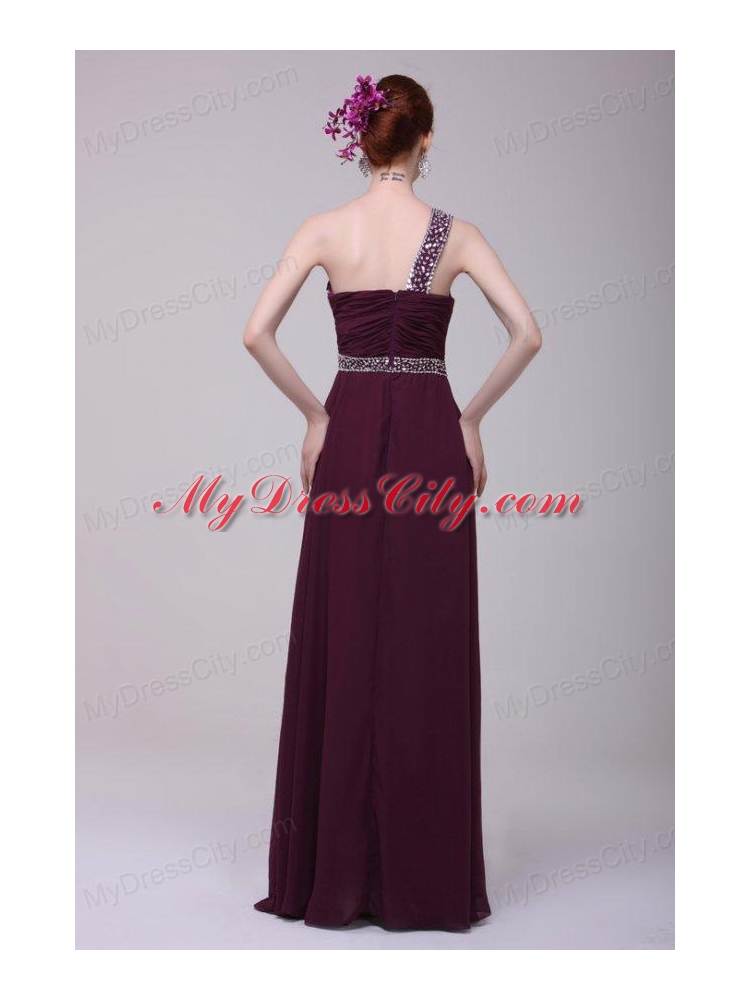 One Shoulder Empire Chiffon Beaded Decorate Full Length Prom Dress