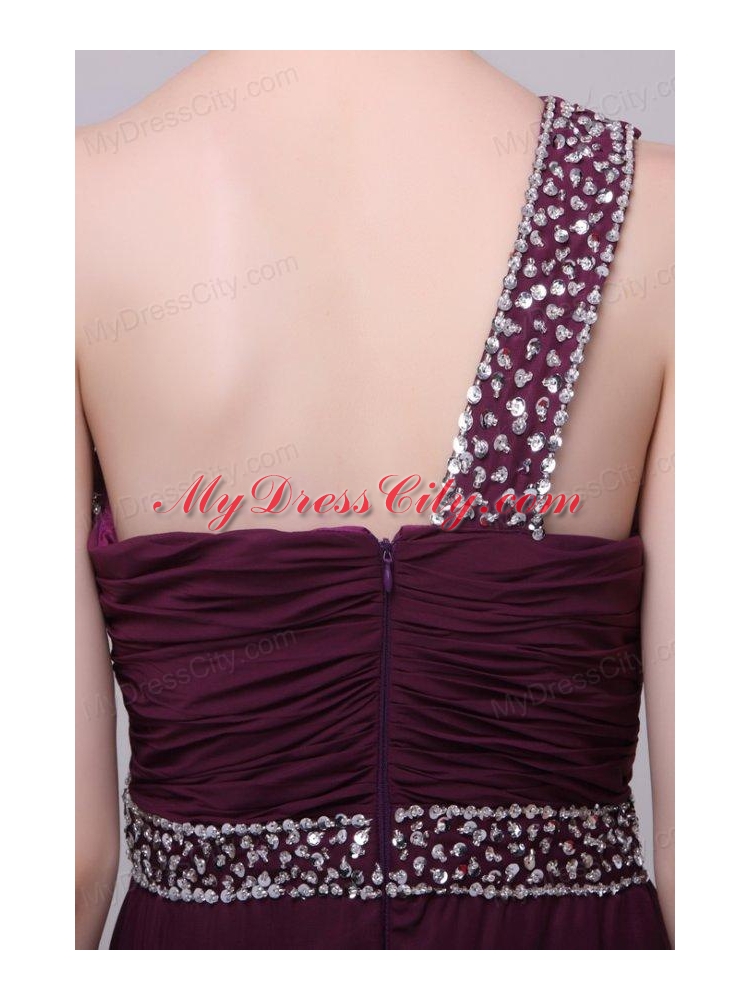 One Shoulder Empire Chiffon Beaded Decorate Full Length Prom Dress