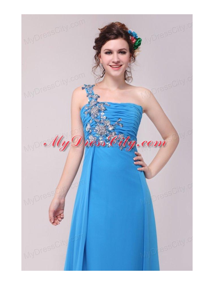 One Shoulder Empire Full Length Teal Prom Dress with Appliques