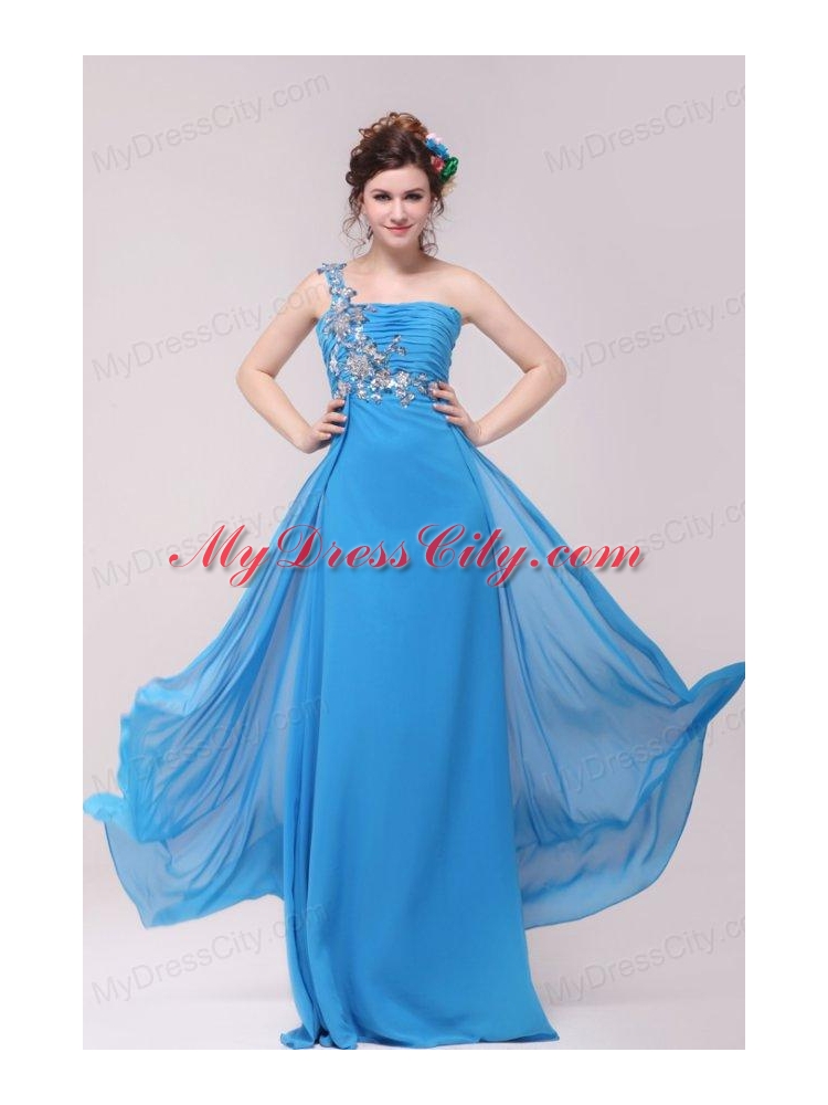 One Shoulder Empire Full Length Teal Prom Dress with Appliques