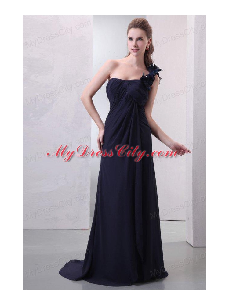 One Shoulder Hand Made Flowers Chiffon Navy Blue Prom Dress