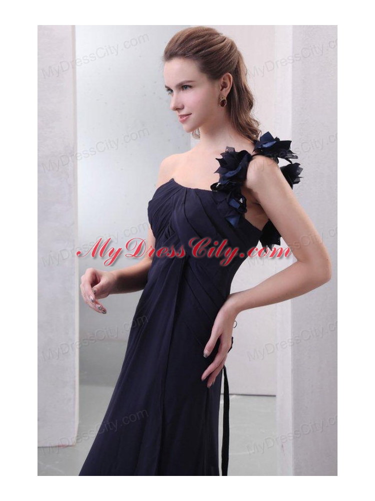 One Shoulder Hand Made Flowers Chiffon Navy Blue Prom Dress