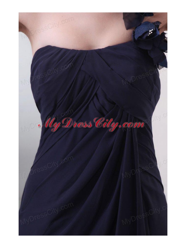 One Shoulder Hand Made Flowers Chiffon Navy Blue Prom Dress