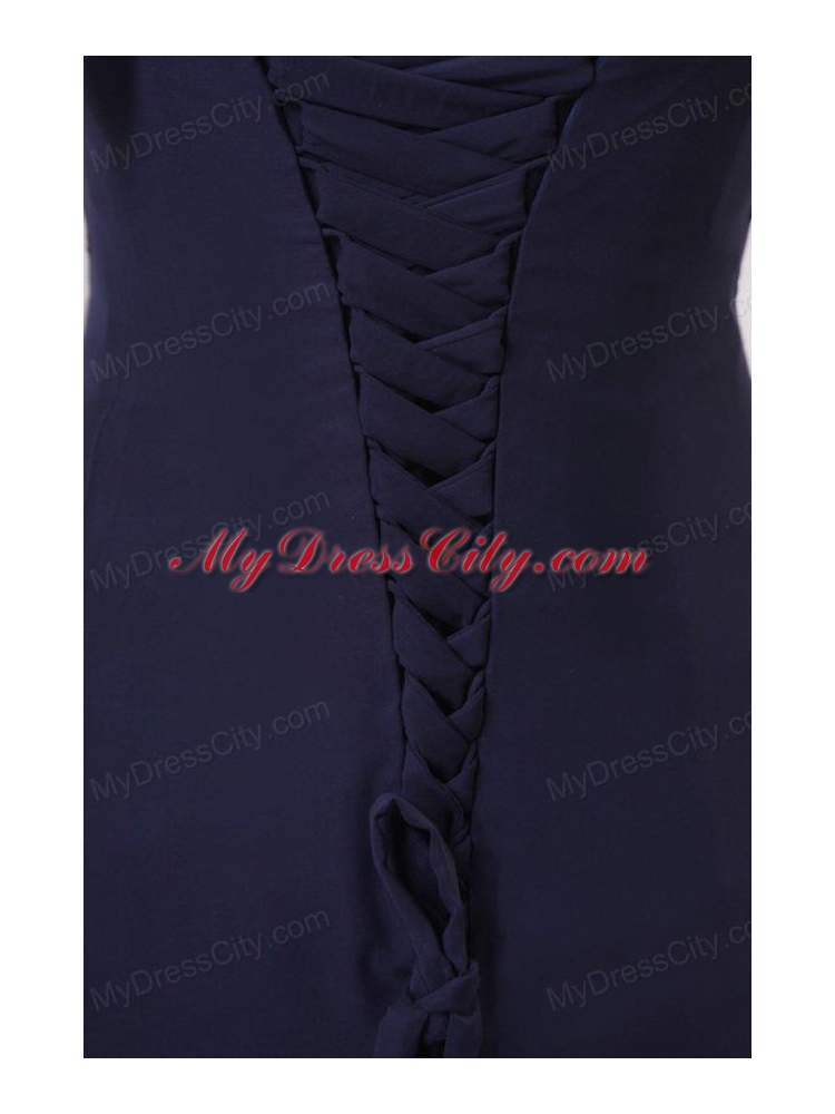 One Shoulder Hand Made Flowers Chiffon Navy Blue Prom Dress