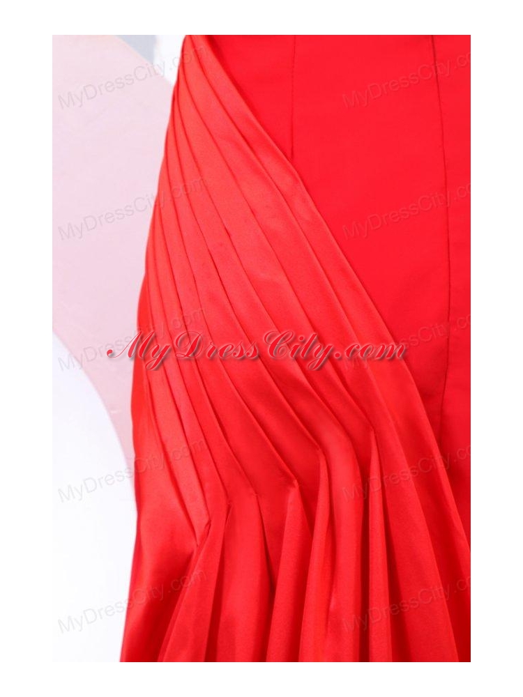 One Shoulder Red Ruche Watteau Train Prom Dress for Evening Party