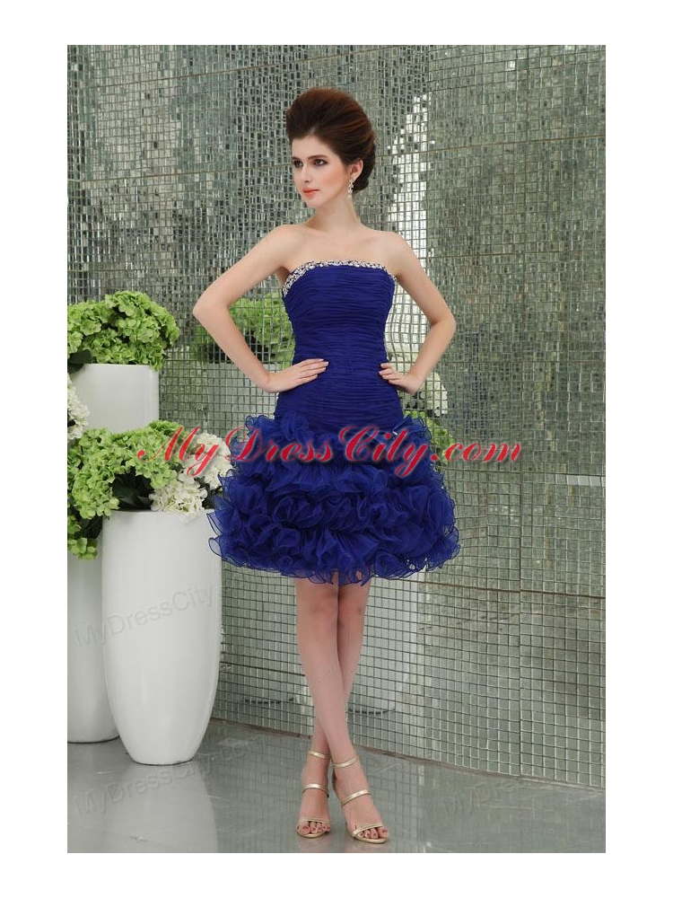 Organza Column Bule Ruffled Layers Bowknot Strapless Prom Dress