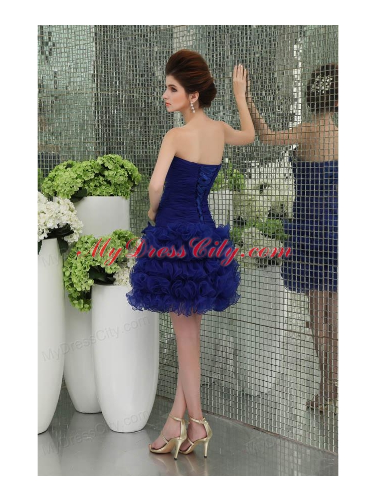 Organza Column Bule Ruffled Layers Bowknot Strapless Prom Dress