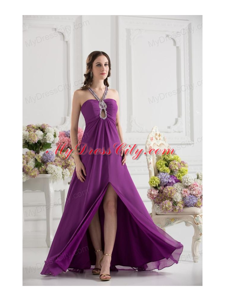 Purple Empire Halter Top Beading Ruching Chiffon Prom Dress