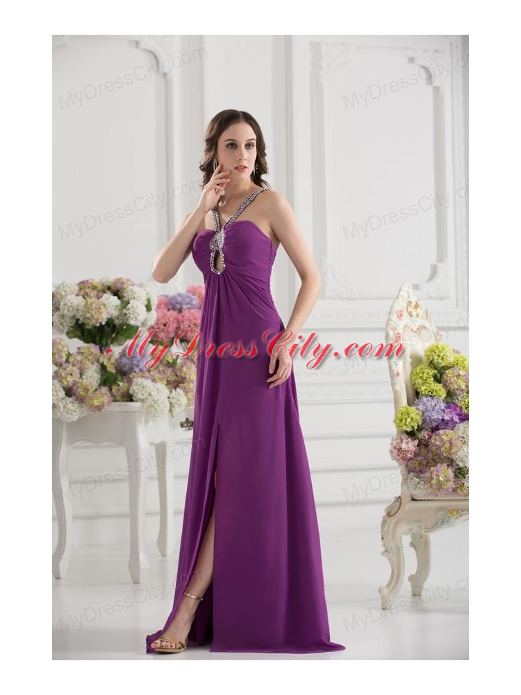 Purple Empire Halter Top Beading Ruching Chiffon Prom Dress