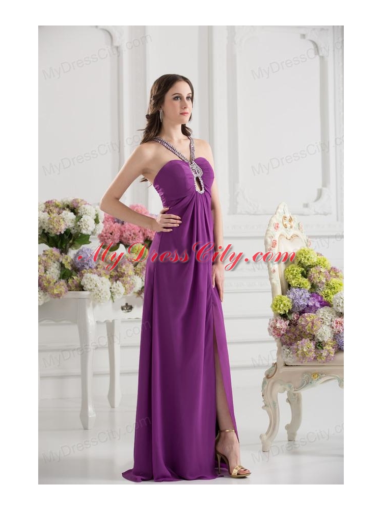 Purple Empire Halter Top Beading Ruching Chiffon Prom Dress