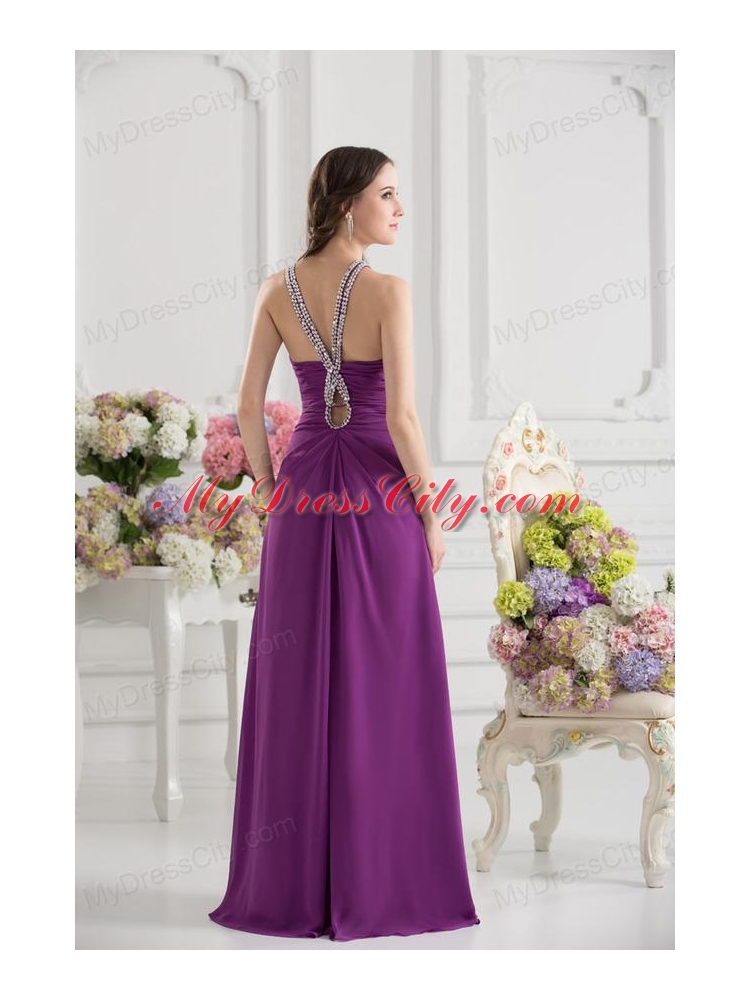 Purple Empire Halter Top Beading Ruching Chiffon Prom Dress