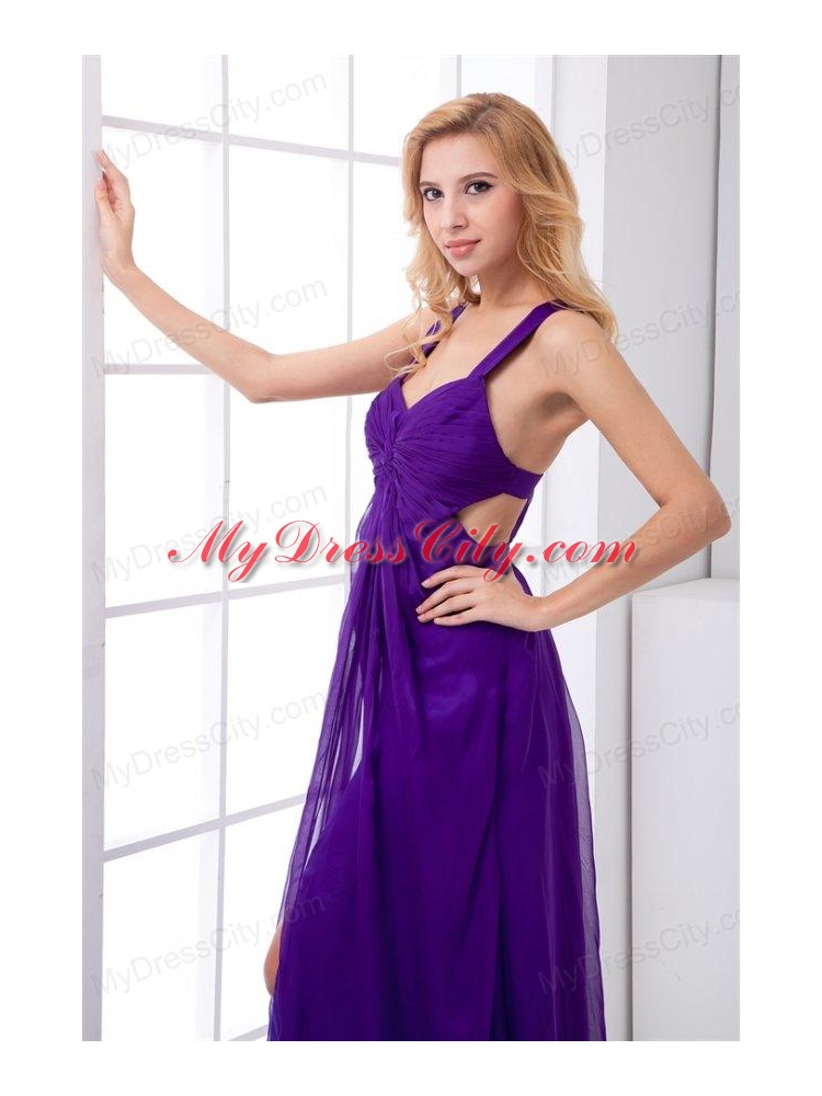 Purple Empire Straps Ruching Ankle-length Prom Dress with Criss Cross