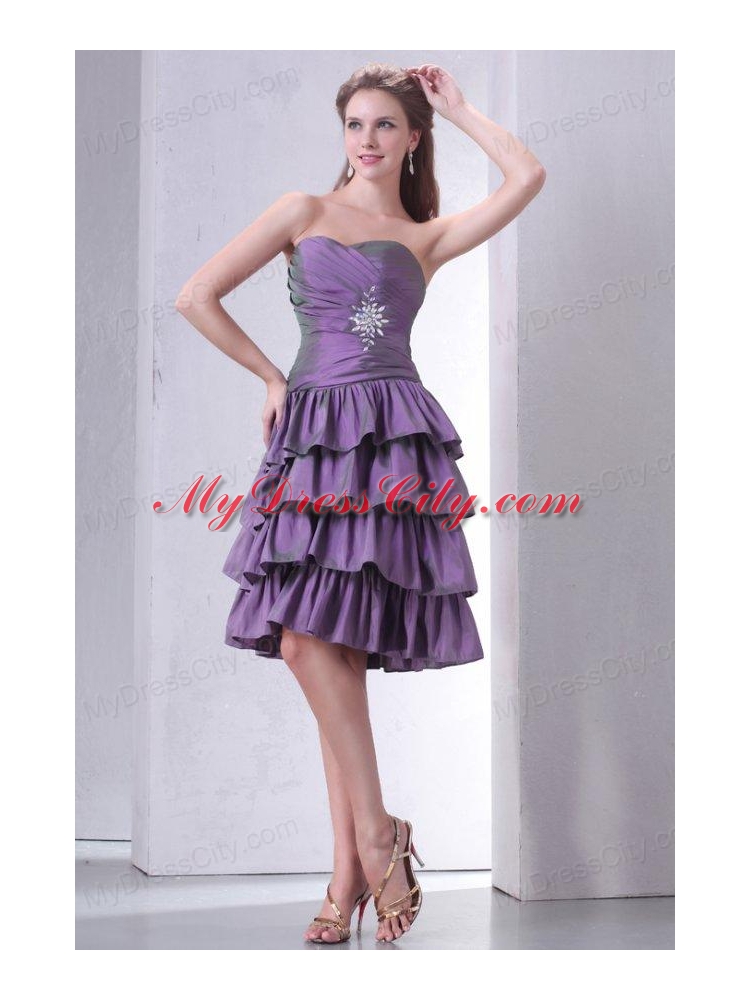 Purple Sweetheart Knee-length Prom Dress with Beading and Layers