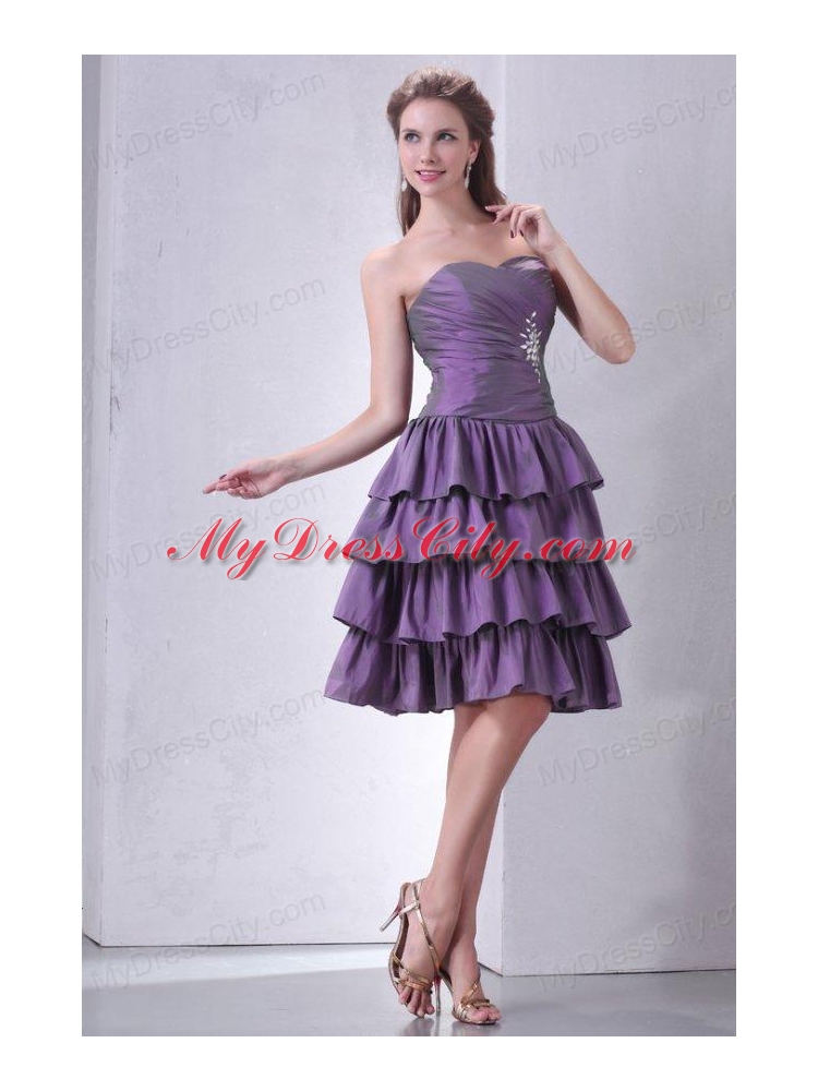 Purple Sweetheart Knee-length Prom Dress with Beading and Layers