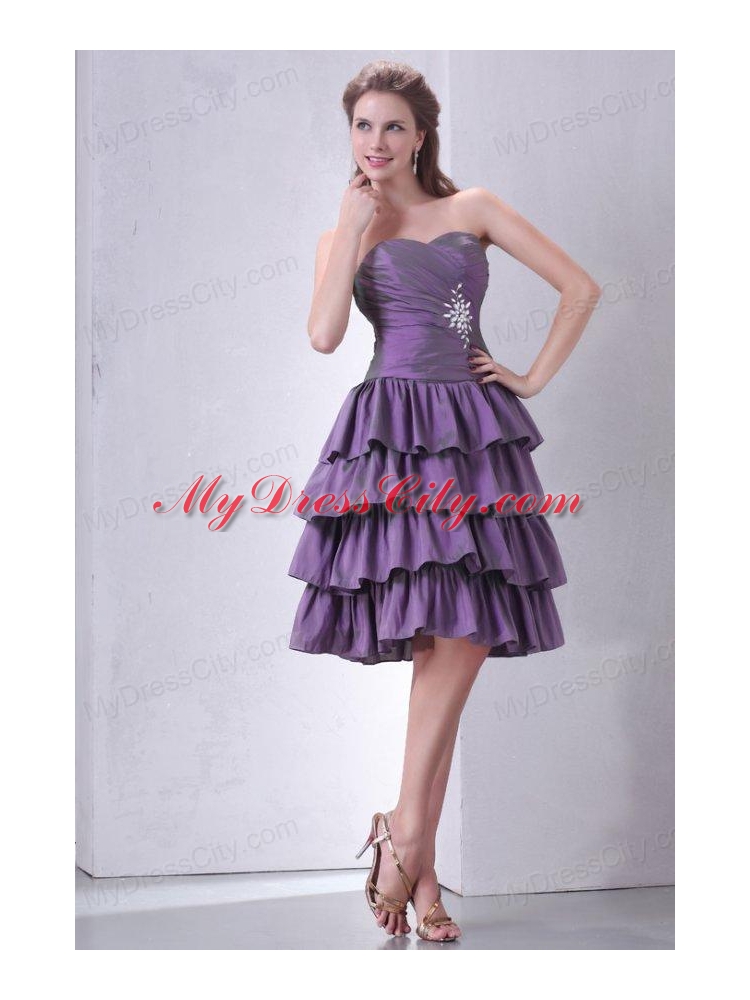 Purple Sweetheart Knee-length Prom Dress with Beading and Layers