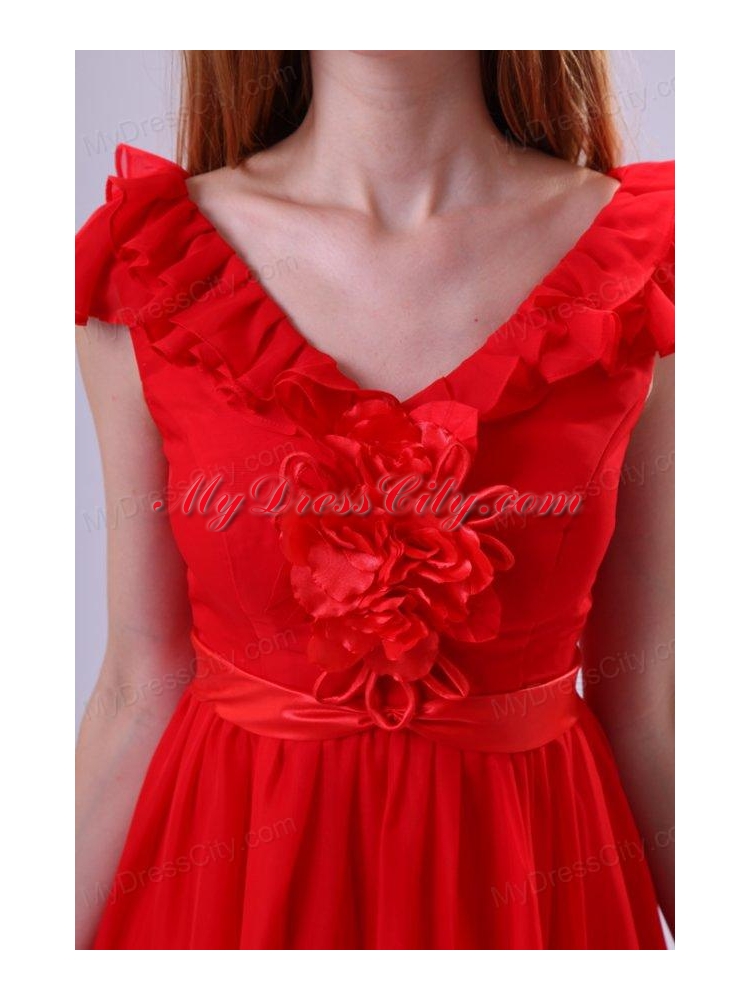 Red A-line V-neck Prom Dress with Flowers Knee-length