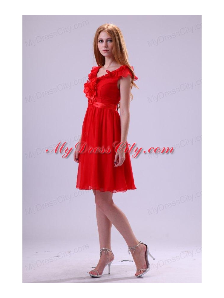 Red A-line V-neck Prom Dress with Flowers Knee-length