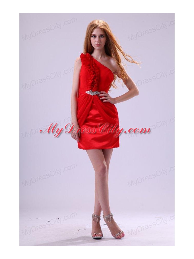 Red One Shoulder Beaded and Ruffled Short Prom Dress