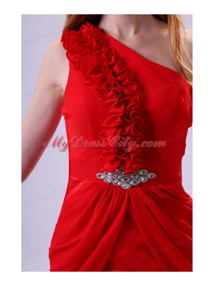 Red One Shoulder Beaded and Ruffled Short Prom Dress