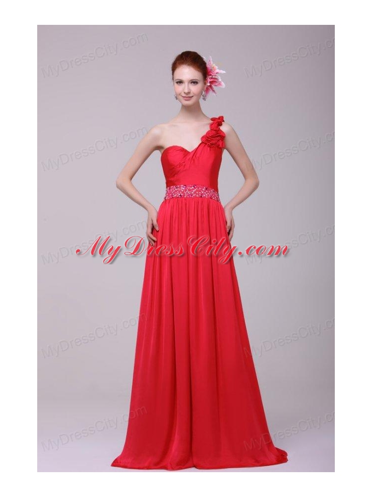 Red One Shoulder Beading and Flowers Brush Train Prom Dress