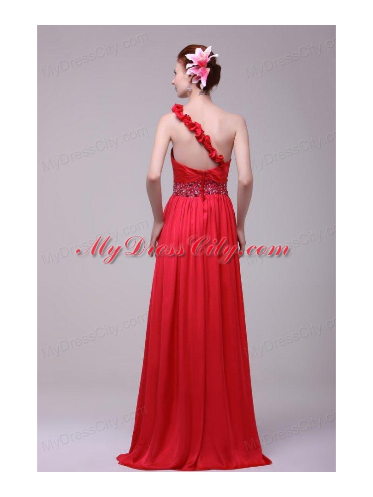 Red One Shoulder Beading and Flowers Brush Train Prom Dress