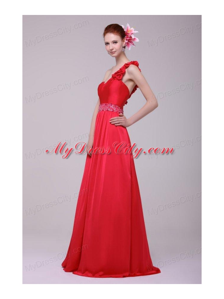 Red One Shoulder Beading and Flowers Brush Train Prom Dress