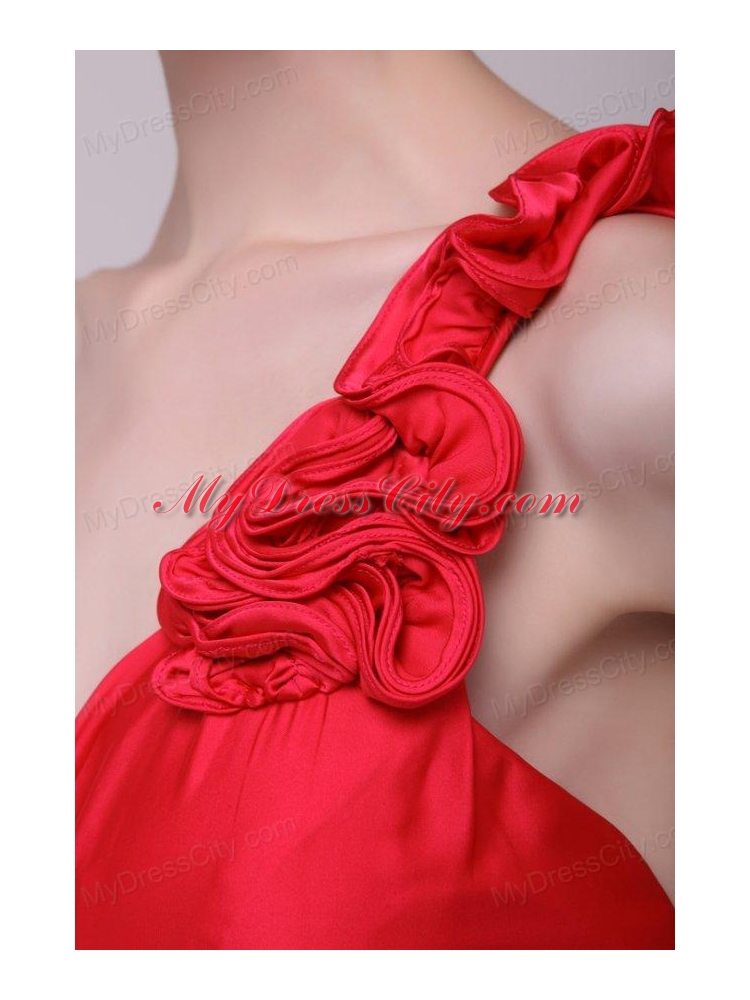 Red One Shoulder Beading and Flowers Brush Train Prom Dress