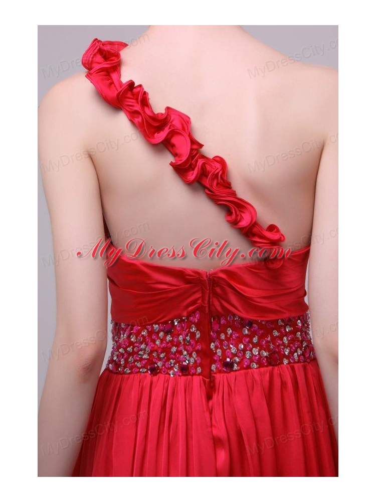 Red One Shoulder Beading and Flowers Brush Train Prom Dress