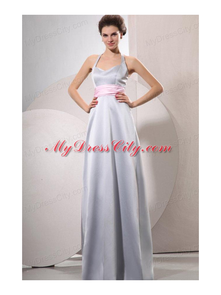 Silver Empire Halter Top Prom Dress with Baby Pink Belt