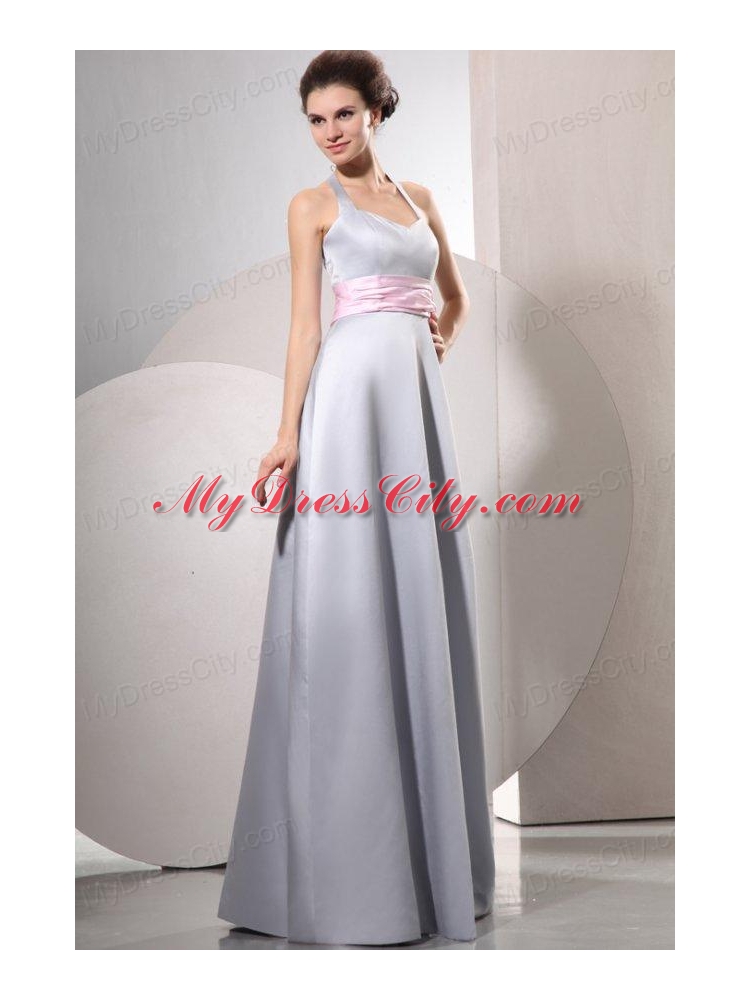 Silver Empire Halter Top Prom Dress with Baby Pink Belt