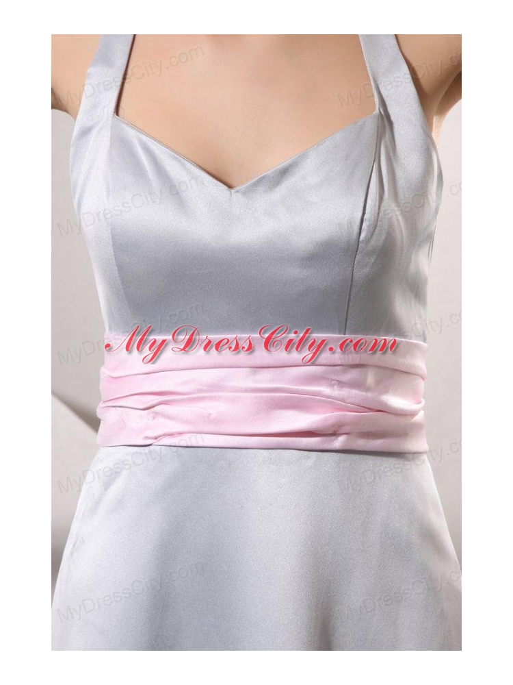 Silver Empire Halter Top Prom Dress with Baby Pink Belt