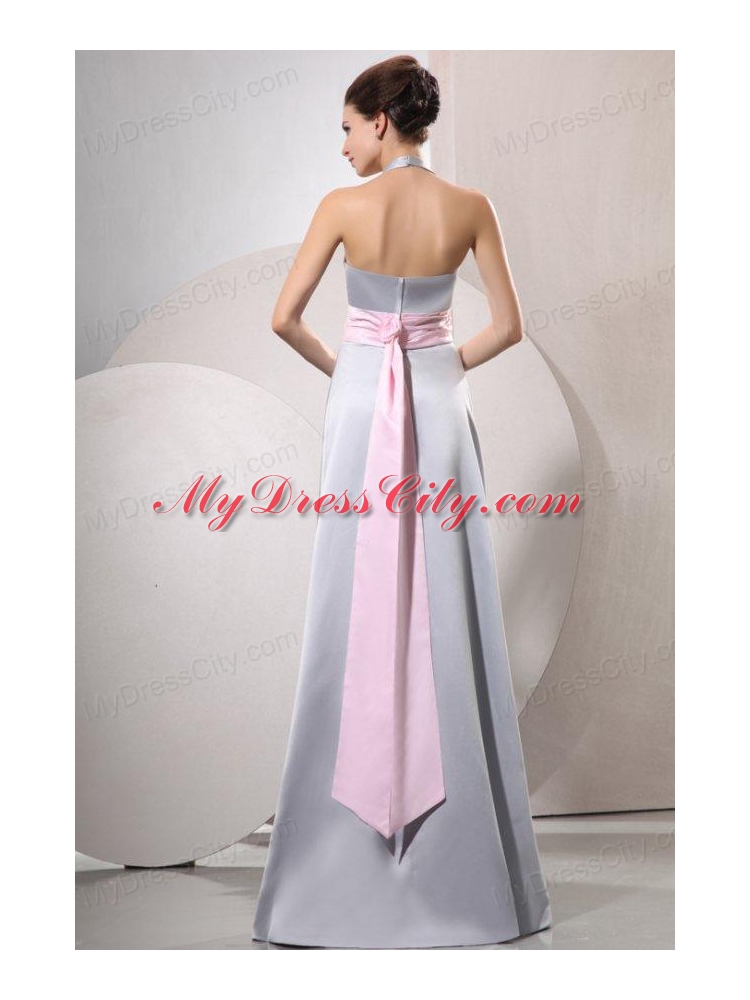 Silver Empire Halter Top Prom Dress with Baby Pink Belt