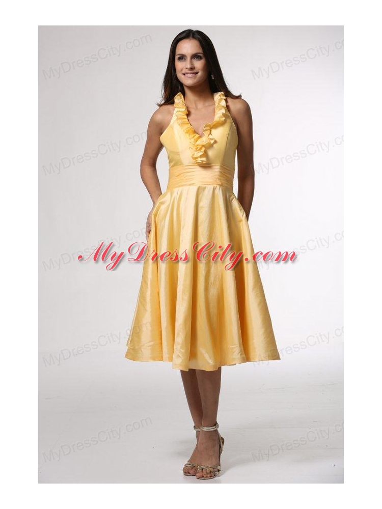 Simple Halter Top Ruffles Yellow Prom Dress Tea-length