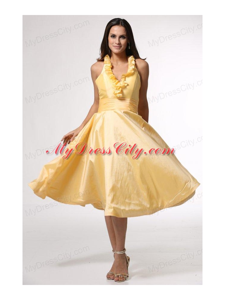 Simple Halter Top Ruffles Yellow Prom Dress Tea-length