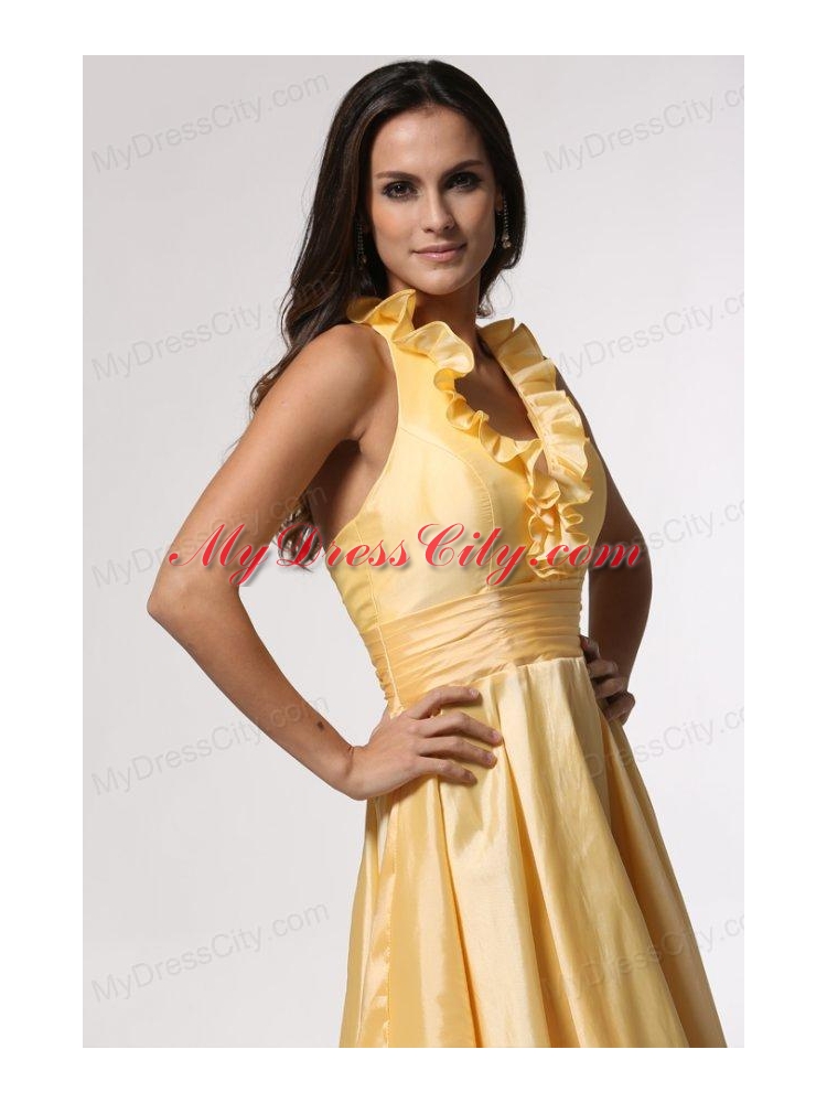 Simple Halter Top Ruffles Yellow Prom Dress Tea-length