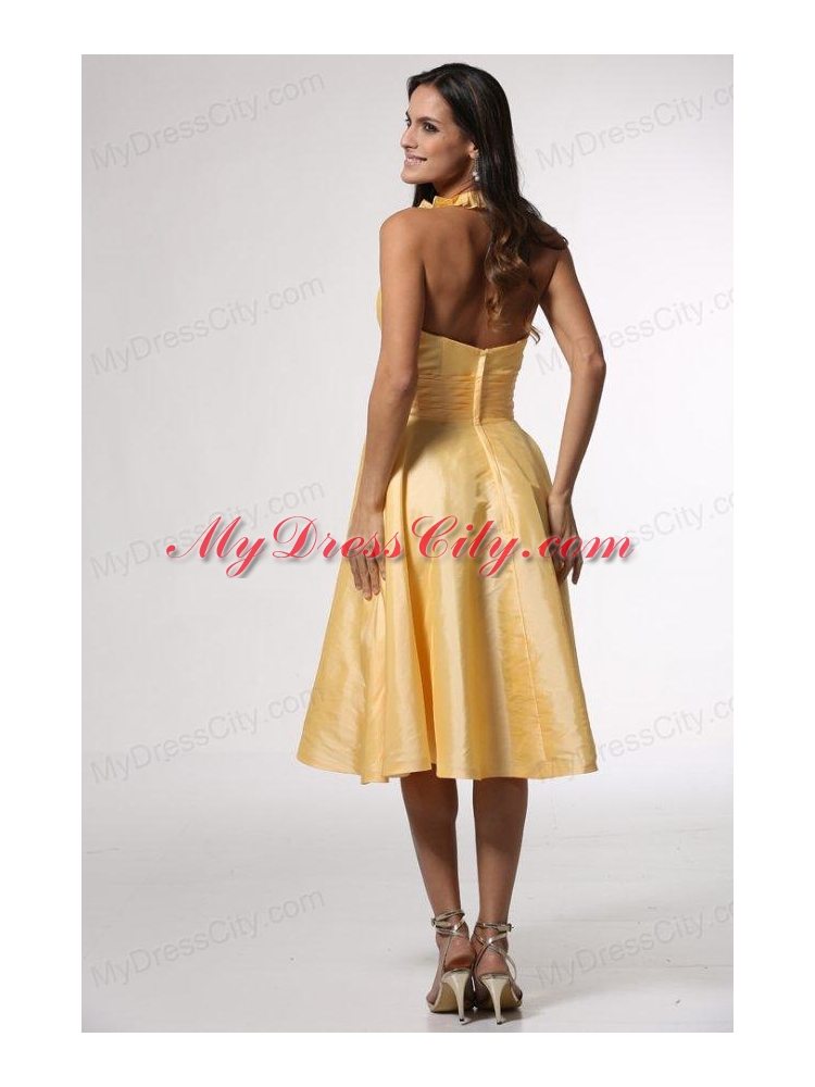 Simple Halter Top Ruffles Yellow Prom Dress Tea-length