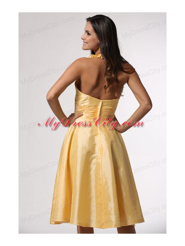 Simple Halter Top Ruffles Yellow Prom Dress Tea-length