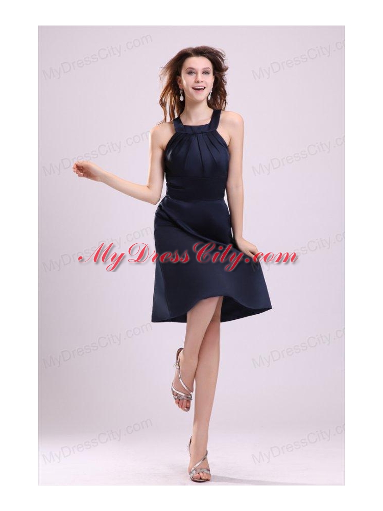 Simple Navy Blue Halter A-line Knee-length Ruching Taffeta Prom Dress