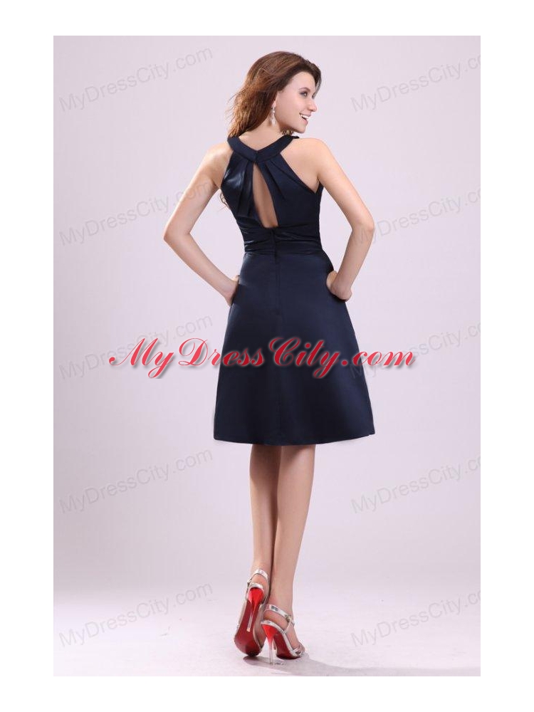 Simple Navy Blue Halter A-line Knee-length Ruching Taffeta Prom Dress