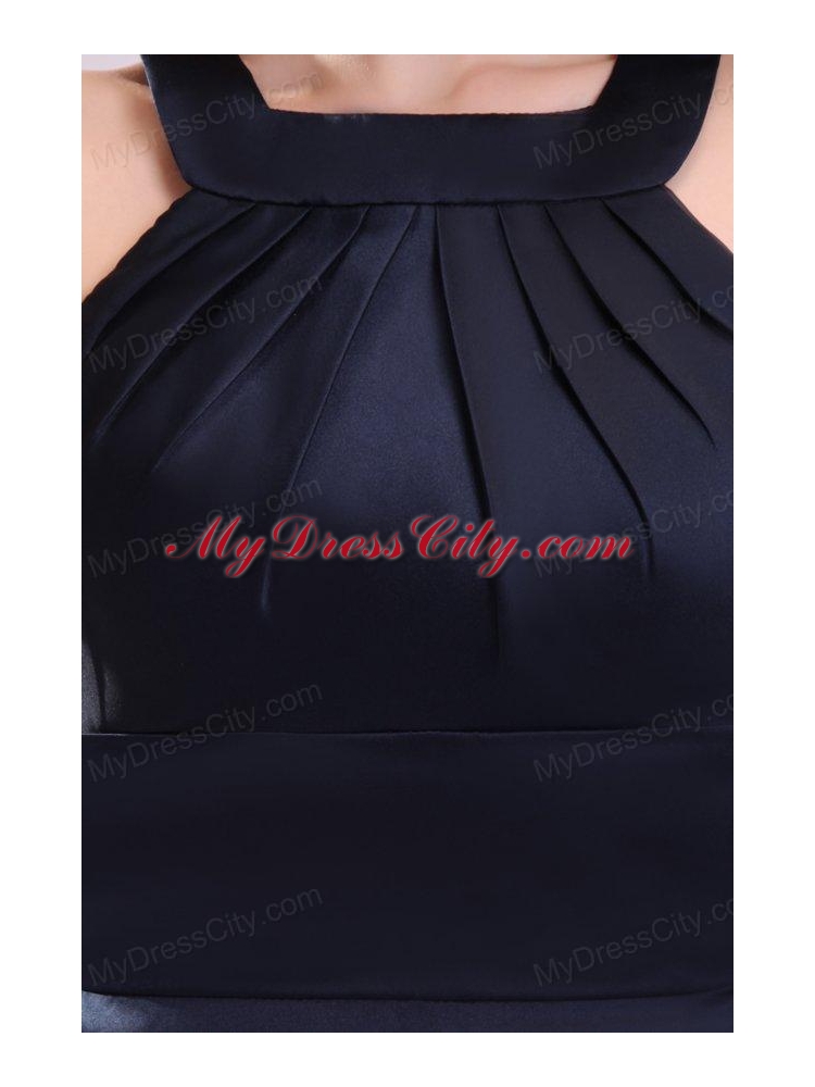 Simple Navy Blue Halter A-line Knee-length Ruching Taffeta Prom Dress