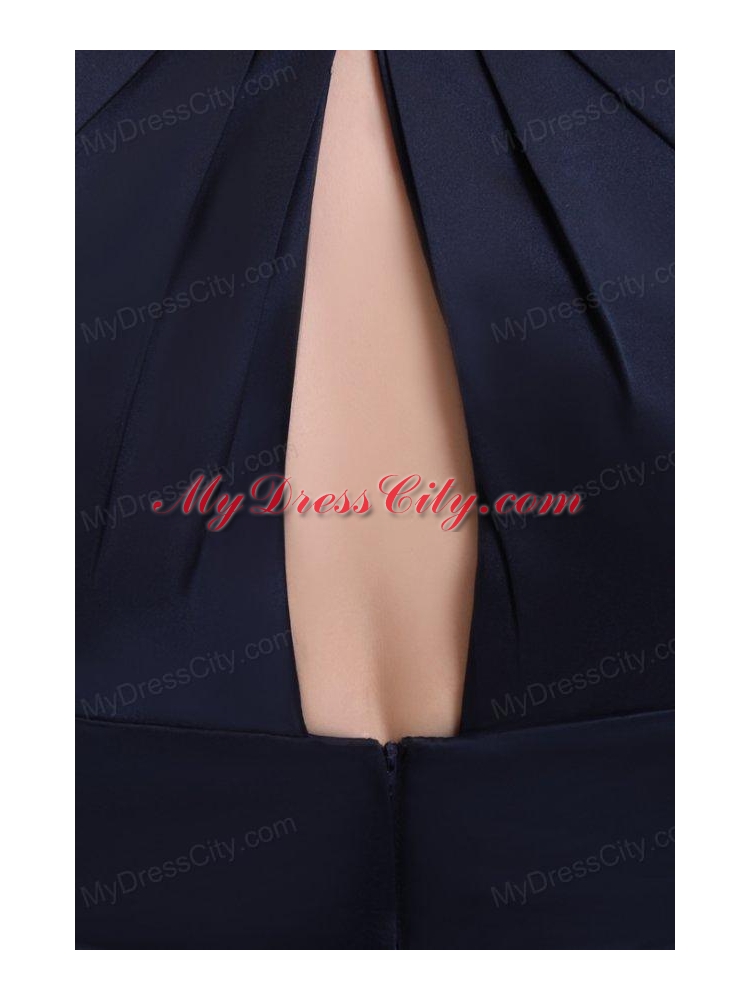 Simple Navy Blue Halter A-line Knee-length Ruching Taffeta Prom Dress