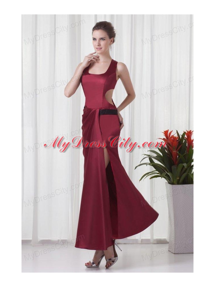 Simple Square Column Red Criss Cross Prom Dress with Ruching