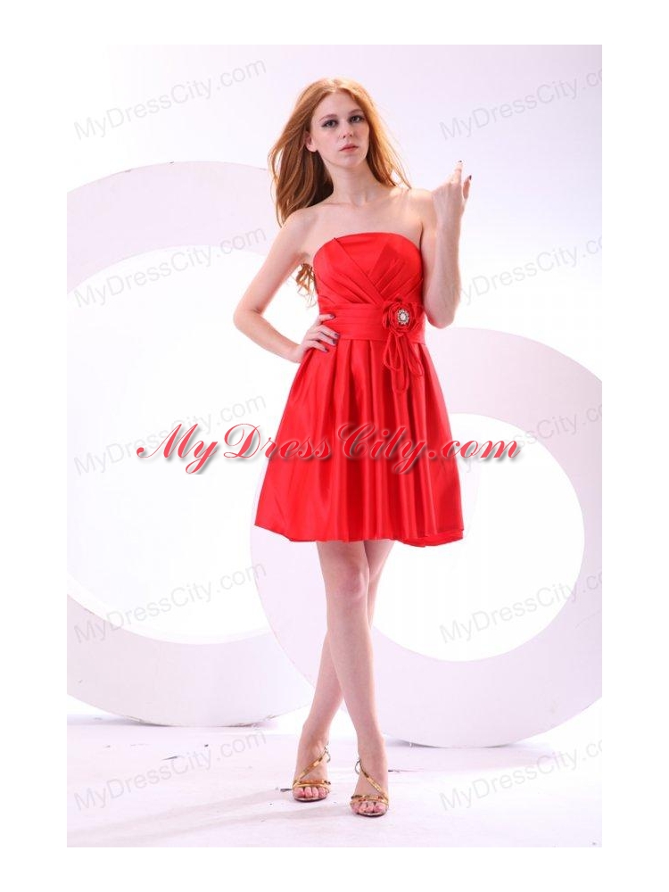 Simple Strapless A-line Mini-length Red Prom Dress with Ruching