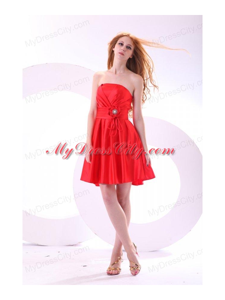 Simple Strapless A-line Mini-length Red Prom Dress with Ruching