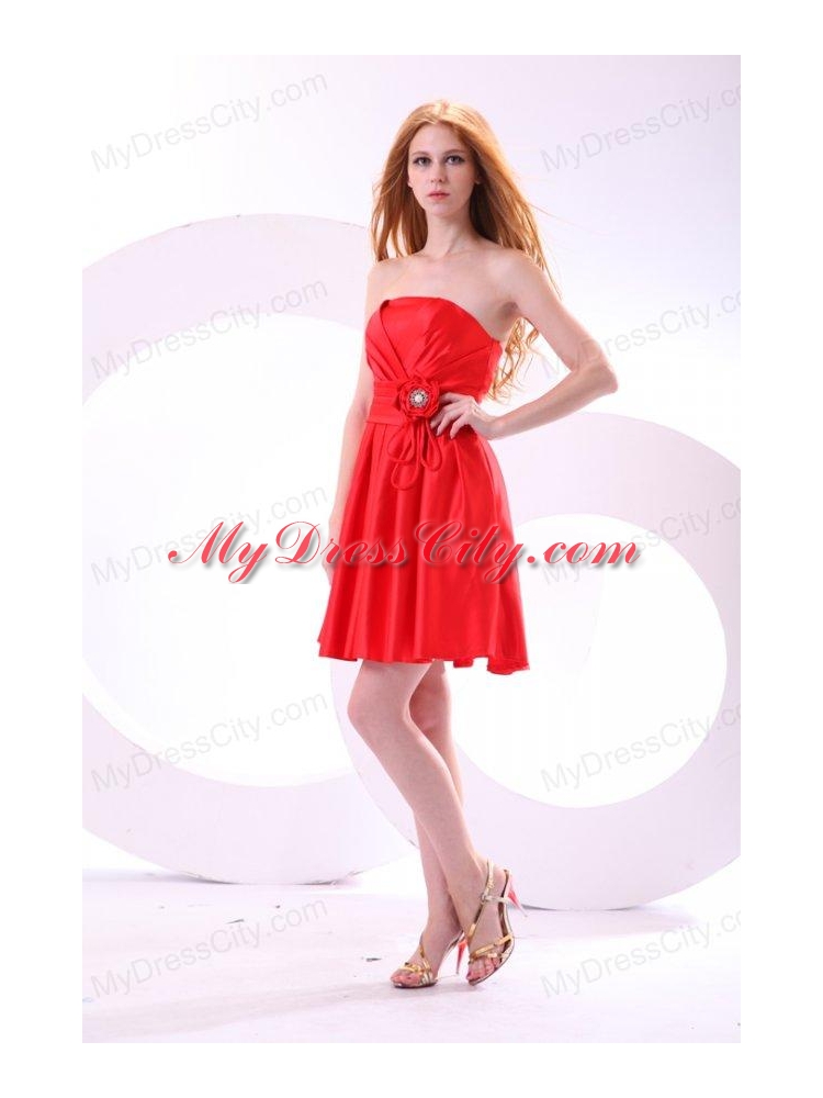 Simple Strapless A-line Mini-length Red Prom Dress with Ruching