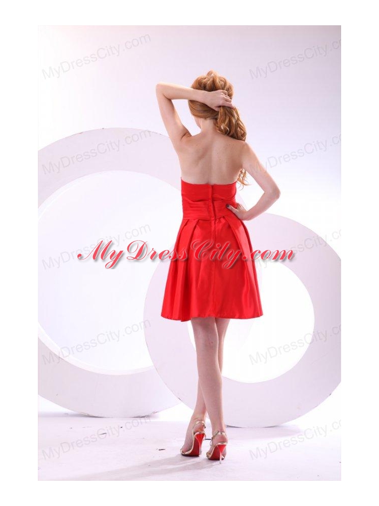 Simple Strapless A-line Mini-length Red Prom Dress with Ruching