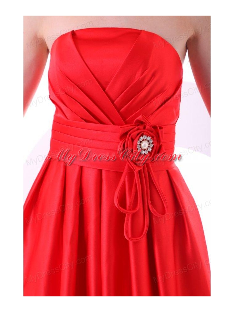 Simple Strapless A-line Mini-length Red Prom Dress with Ruching