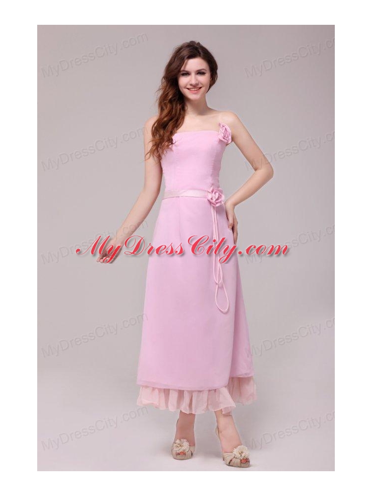 Strapless Baby Pink Hand Made Flowers Tea-length Prom Dress