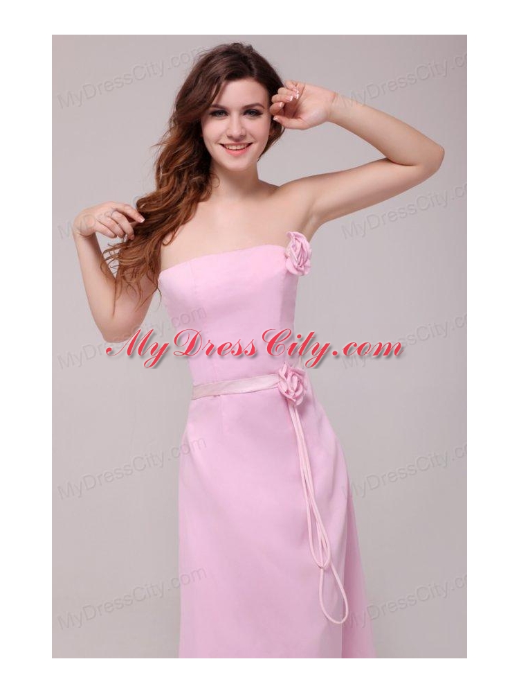 Strapless Baby Pink Hand Made Flowers Tea-length Prom Dress