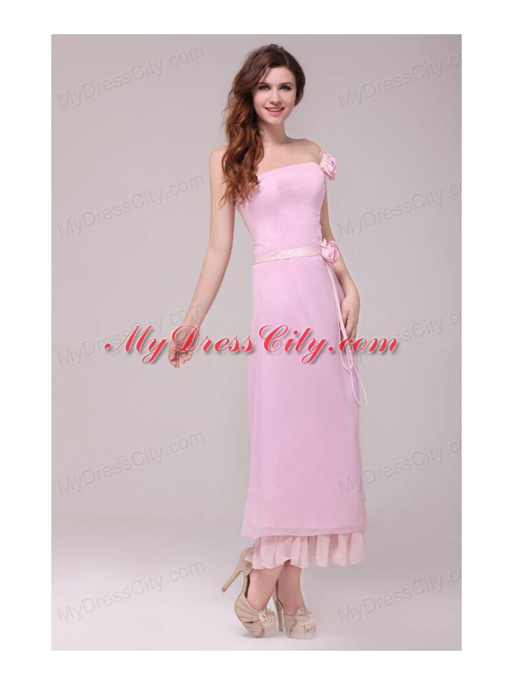 Strapless Baby Pink Hand Made Flowers Tea-length Prom Dress